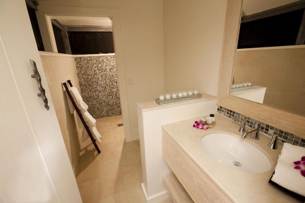 a bathroom with a sink and a mirror at Tiamo Resort in Kemps Bay