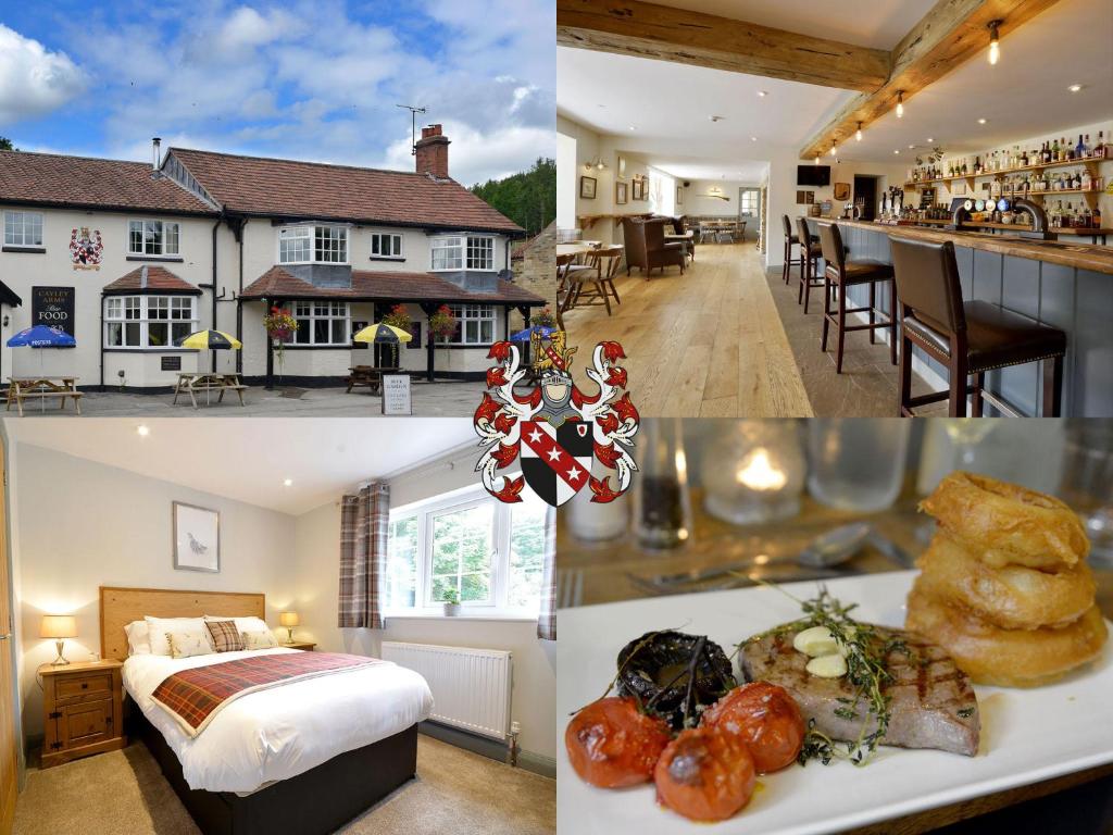 un collage di tre foto di una camera d'albergo di The Cayley Arms Inn a Pickering