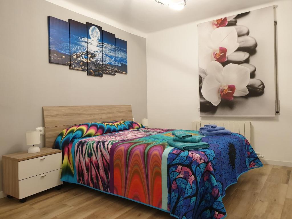 a bedroom with a bed with a colorful comforter at Apartamento Nuria in Figueres
