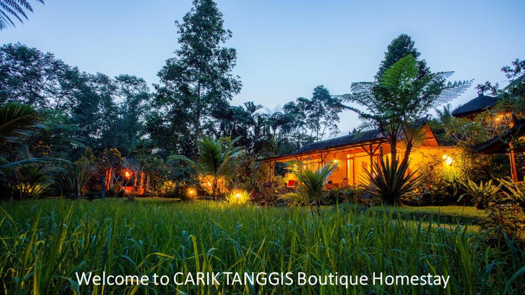 una casa in un giardino di notte con luci di Carik Tangis Boutique Homestay a Jatiluwih