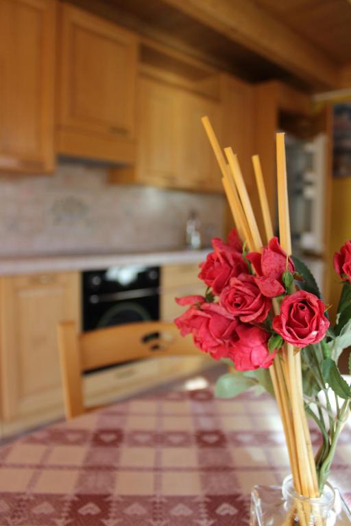 a vase with red roses on a table in a kitchen at Casa Ross da Fabio in Livigno