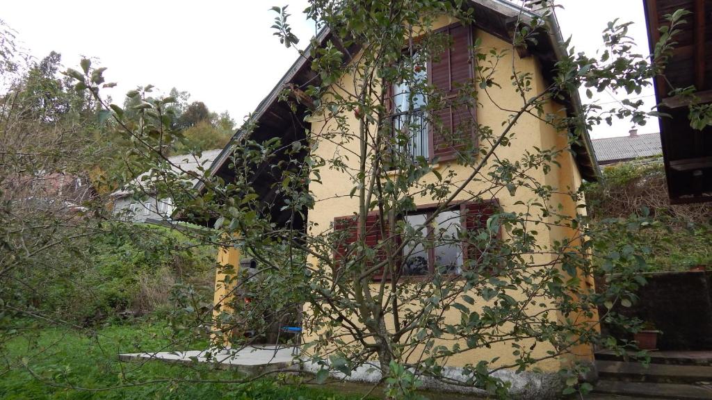 une maison jaune avec un arbre devant elle dans l'établissement FELICITA, à Fužine