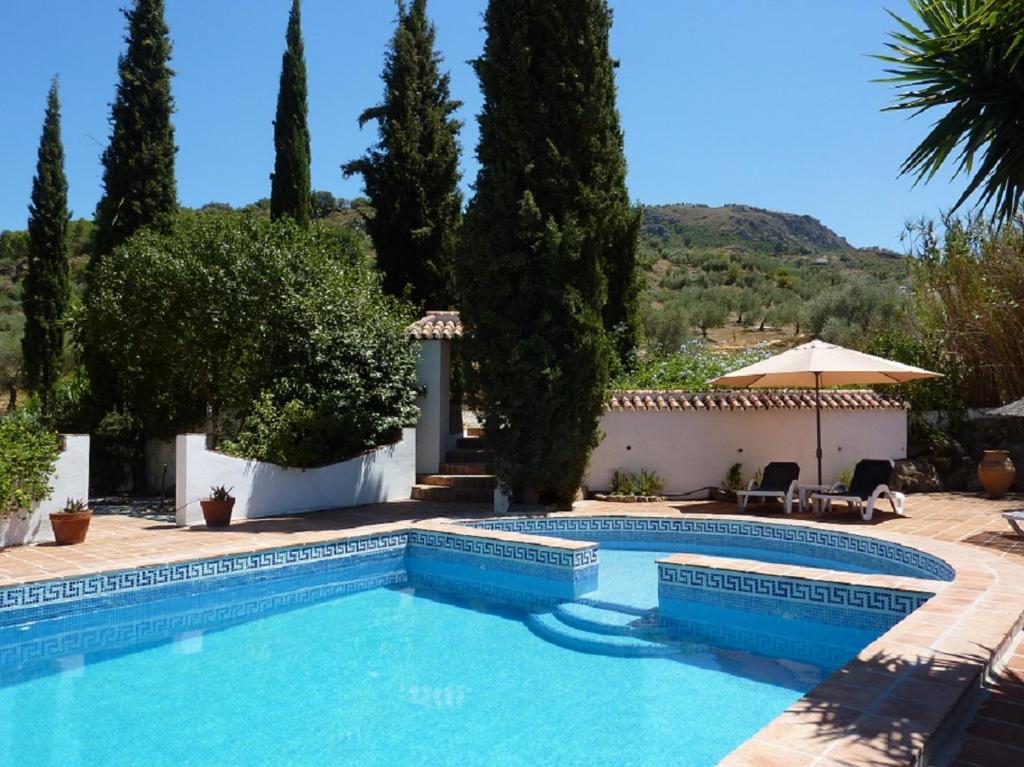 a swimming pool in a yard with trees at Casa Fuente de la Zorra in Alora
