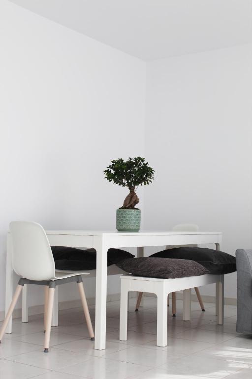 a white table and chair with a plant on it at Olosuites in Limassol