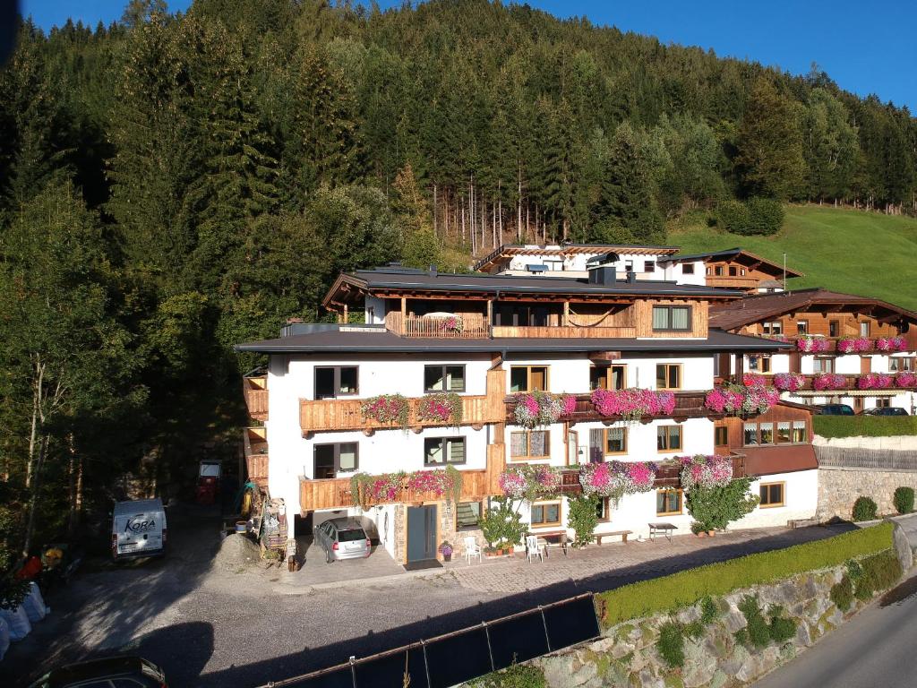 an aerial view of a hotel in the mountains at Ferienwohnung Schiestl in Zell am Ziller