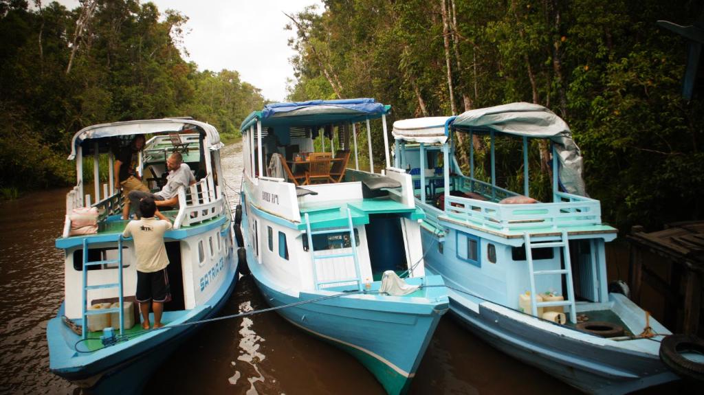 Zwei Boote sind im Wasser angedockt, mit Leuten auf ihnen. in der Unterkunft Kelotok Orangutan Tanjung Puting in Kumai