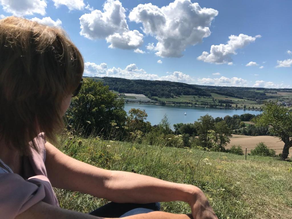 una mujer sentada en una colina mirando un lago en Apartment Johanna, en Radolfzell am Bodensee