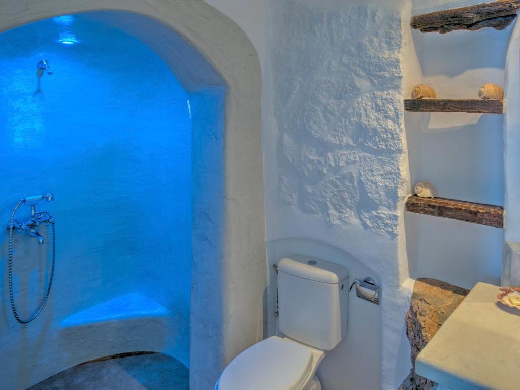 a bathroom with a toilet and a blue shower at Eirini Luxury Hotel Villas in Grikos