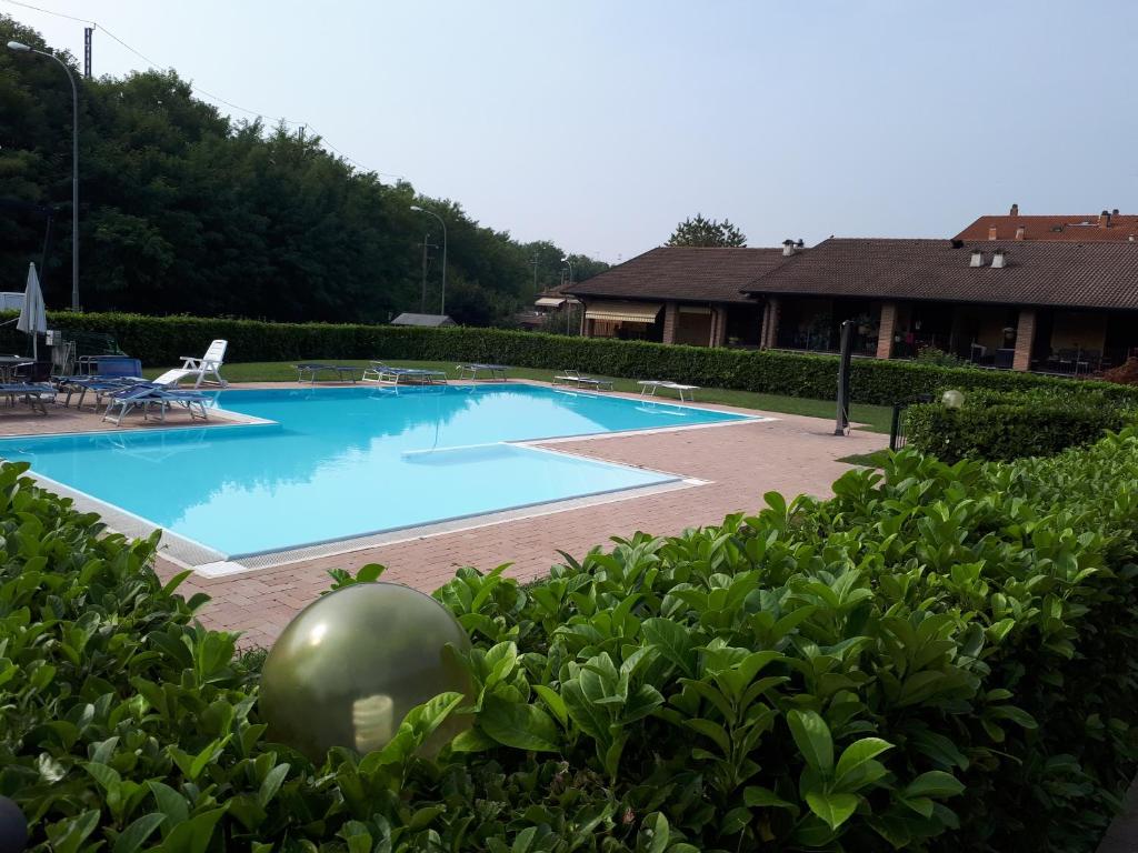 een zwembad met een groene bal in de struiken bij Casa Alena in Peschiera del Garda