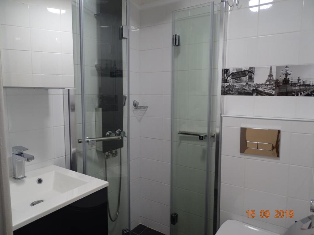 a bathroom with a shower and a toilet and a sink at Palm beach Cannes Azur in Cannes
