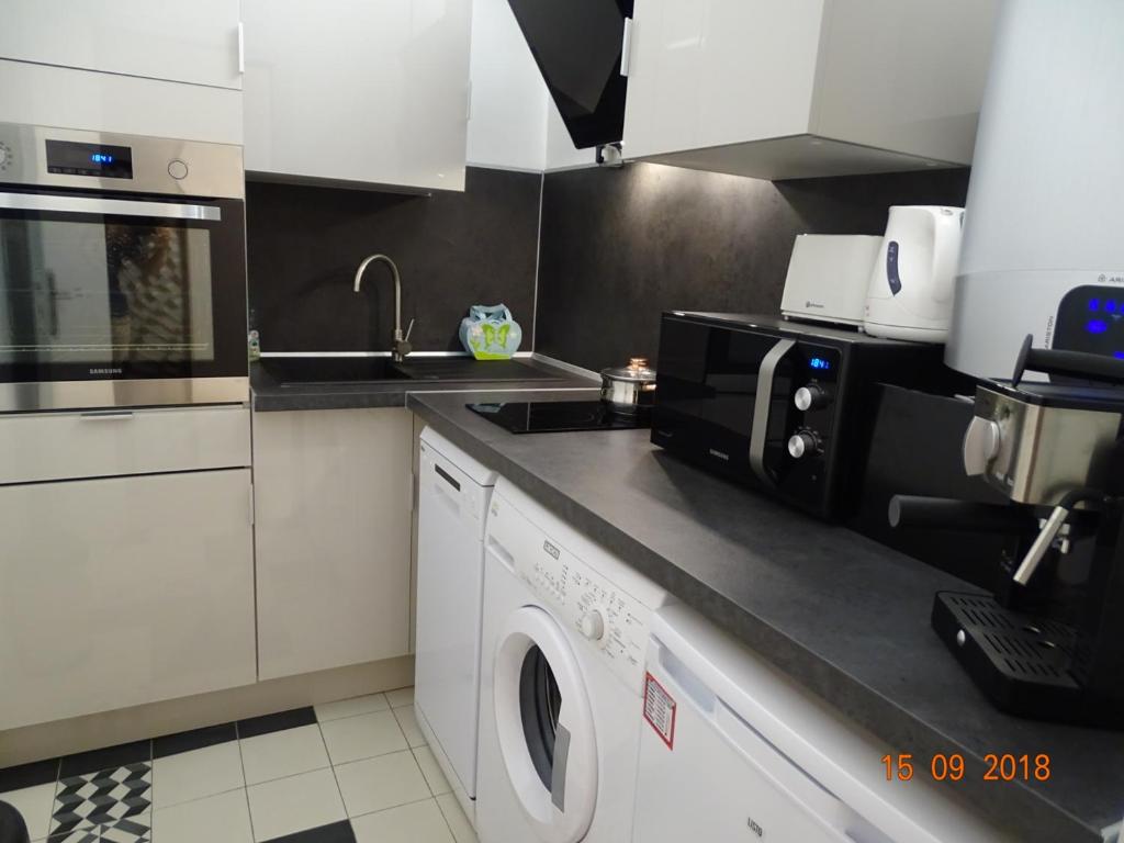 a kitchen with a washing machine and a microwave at Palm beach Cannes Azur in Cannes