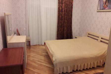 um quarto com uma cama, uma secretária e um espelho em Bank Respublika Apartment em Baku
