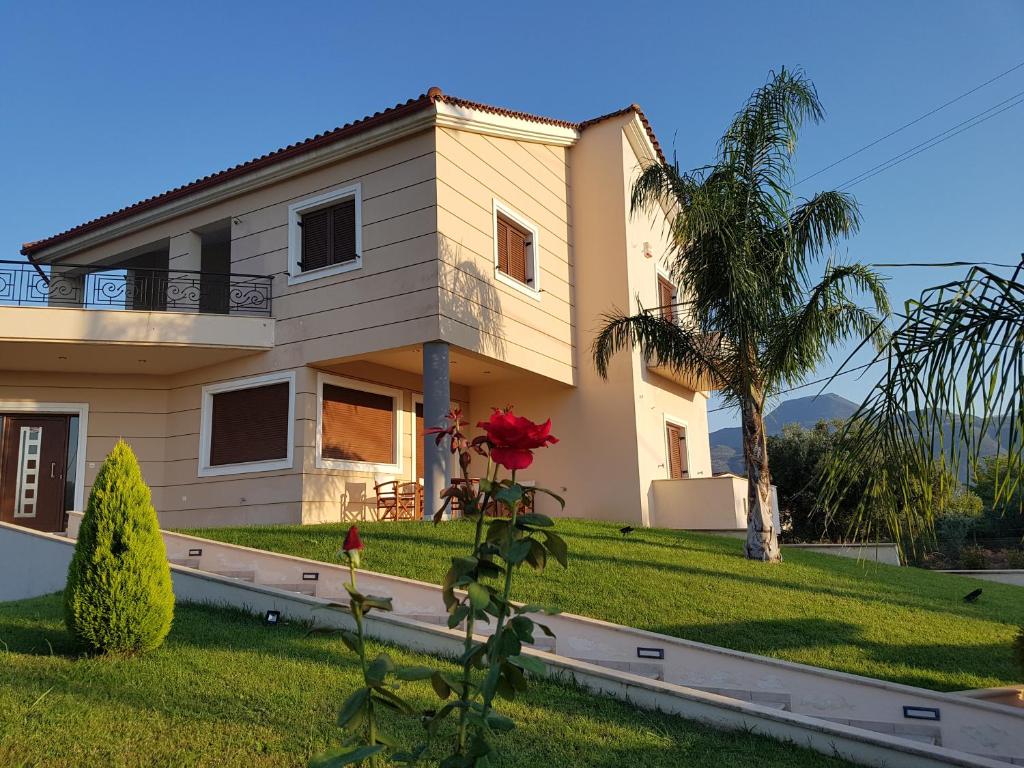 a house with a palm tree in front of it at Dimitris Villa in Aigio