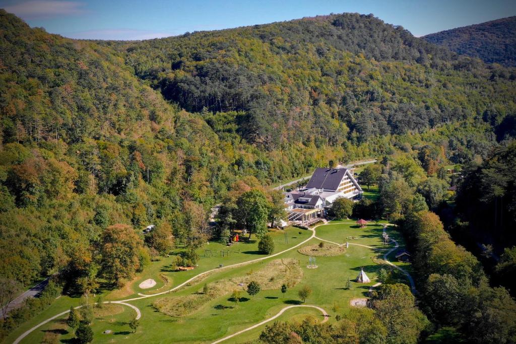 eine Luftansicht eines Hauses inmitten eines Waldes in der Unterkunft Hotel Krainerhütte in Baden