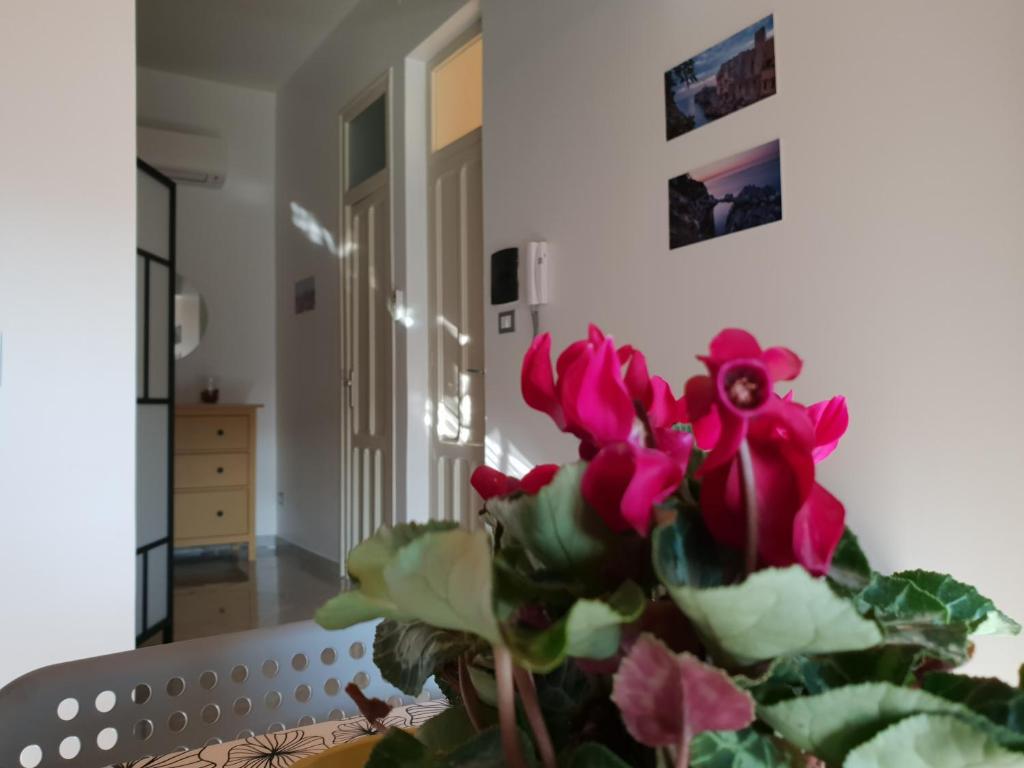 une plante avec des fleurs roses assises sur une table dans l'établissement Rifinito bilocale in centro, Casa Verdi, 2° Piano, à Bagheria