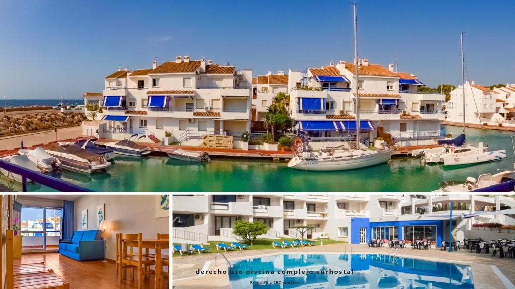 un collage de fotos con casas y una piscina en Apartamentos El Puerto, en Alcossebre