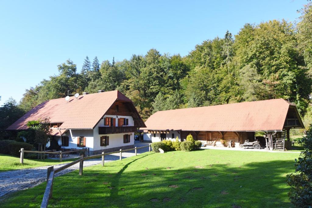 a house and a barn with a grass yard at Domačija Šeruga in Novo Mesto