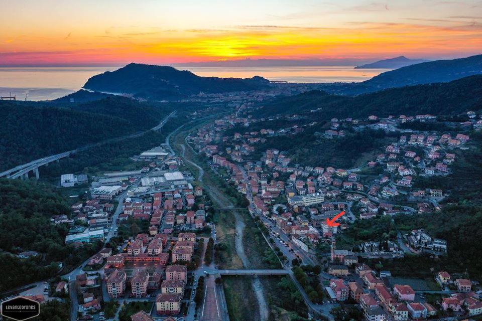 an aerial view of a city at sunset at Mansarda Lina in Casarza Ligure