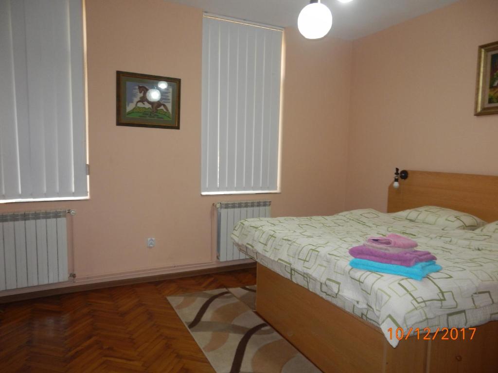 a bedroom with a bed and two windows at Apartament la casa (2 camere) in Timişoara