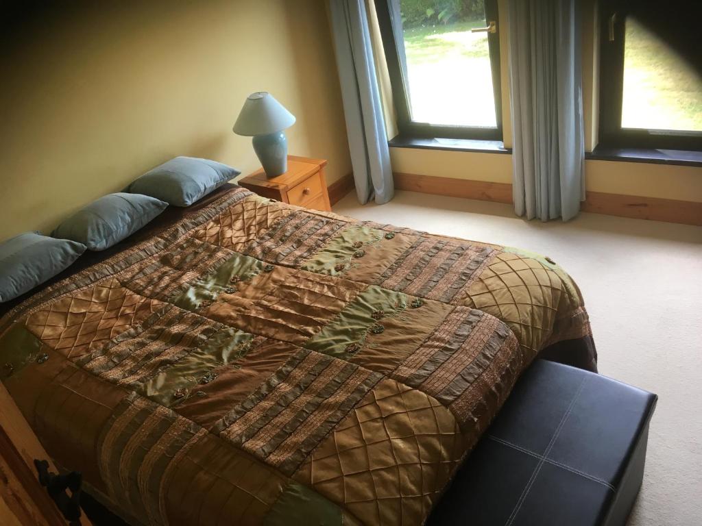 a bedroom with a bed and a lamp and two windows at ocean view in Wexford