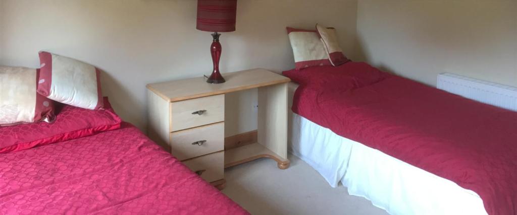 a bedroom with two beds and a night stand with a lamp at ocean view in Wexford