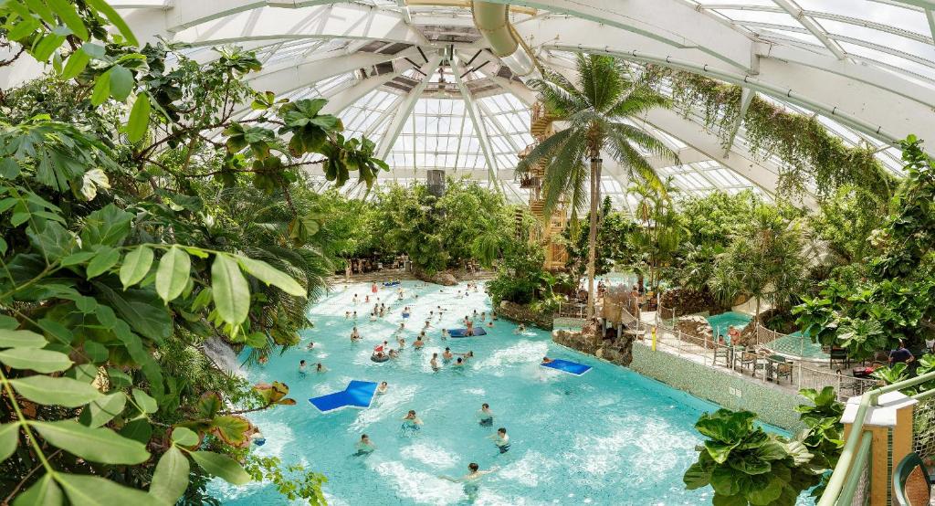 une piscine dans une serre avec des gens qui y vivent dans l'établissement Hotel De Vossemeren by Center Parcs, à Lommel