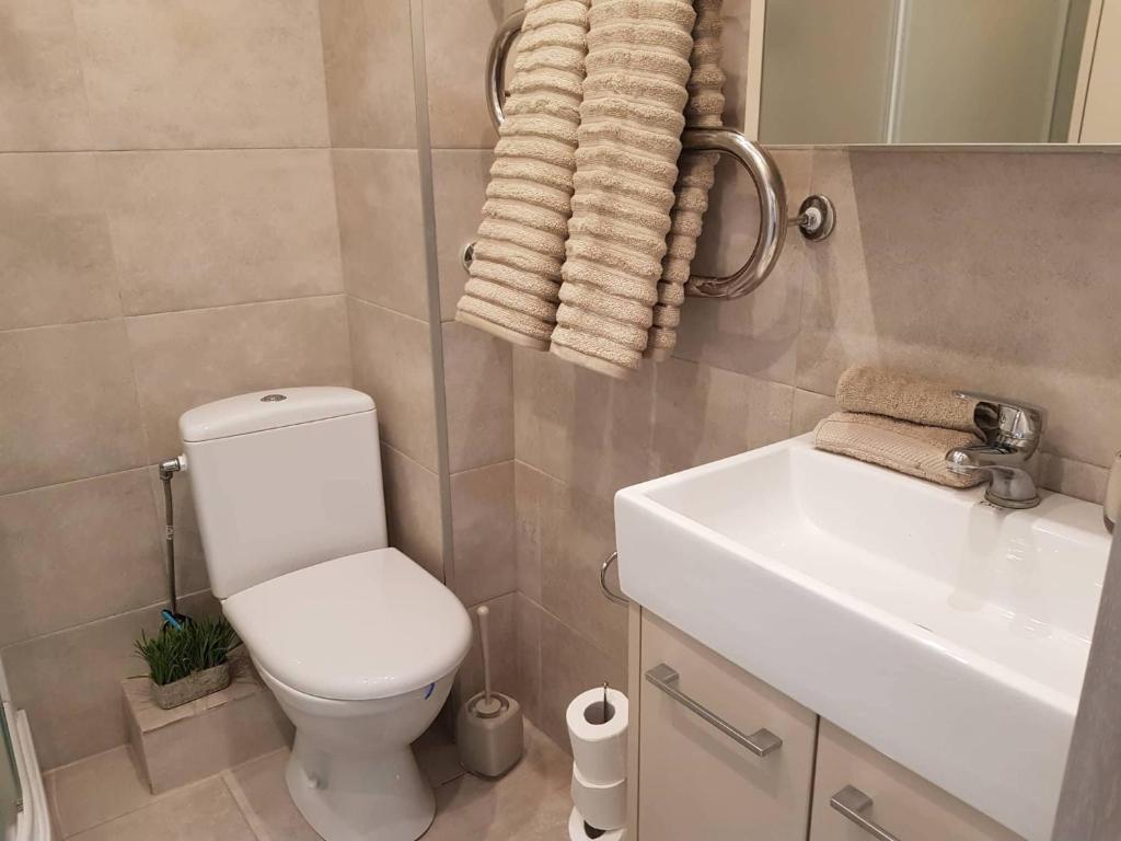 a bathroom with a white toilet and a sink at Apartamentai Vilniaus Street in Šiauliai