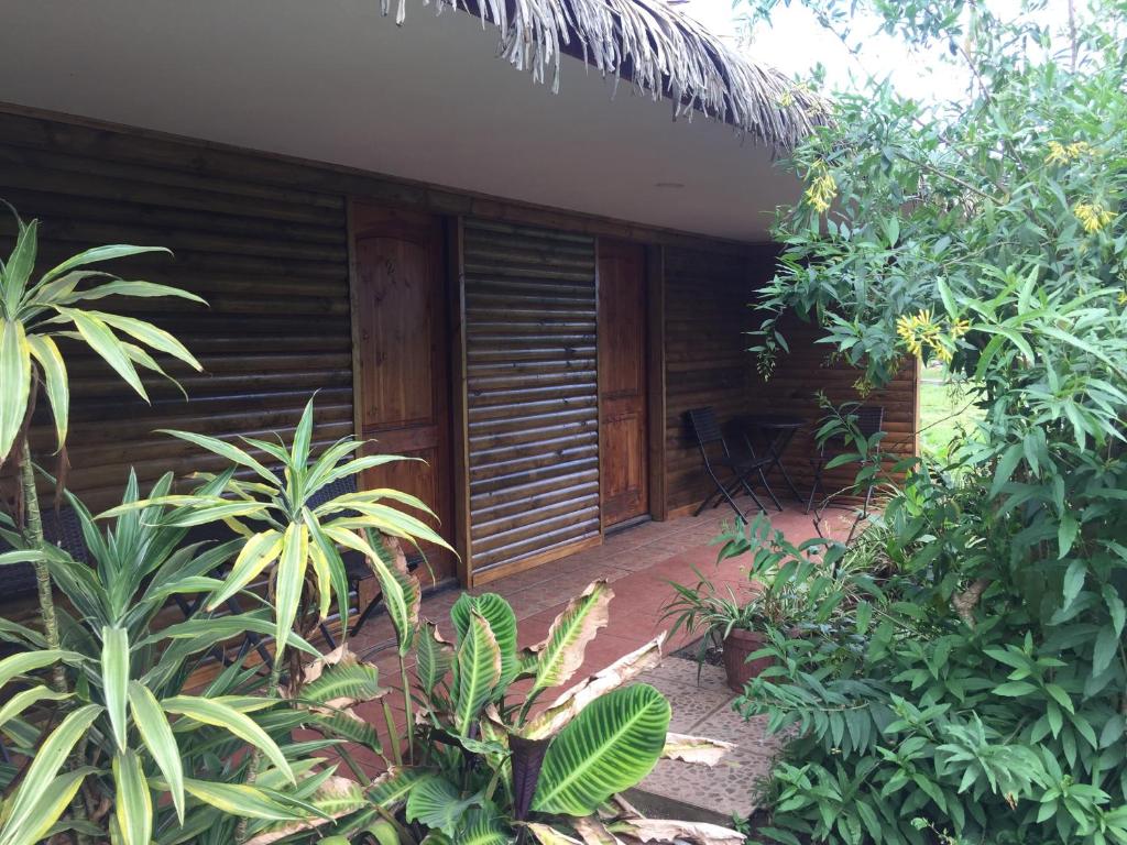 una vista exterior de una casa de madera con plantas en Hare Henua Bed & Breakfast, en Hanga Roa