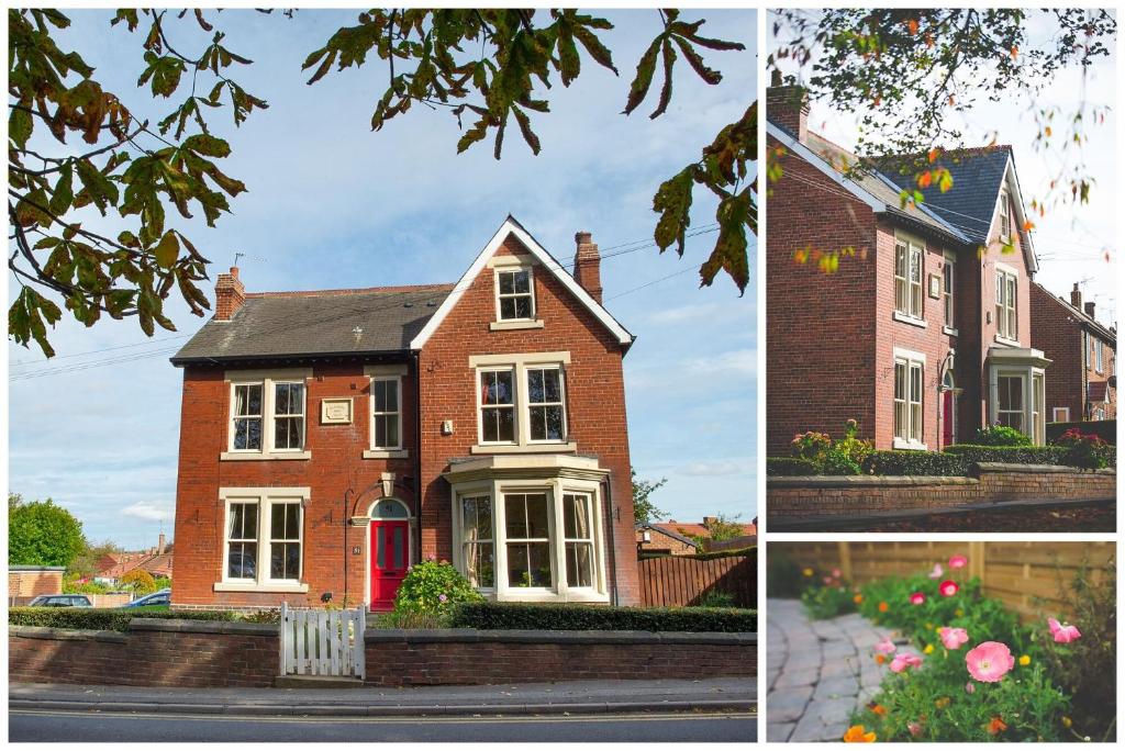 Glencoe Villa Guesthouse في Featherstone: صورتين لبيت من الطوب مع باب احمر