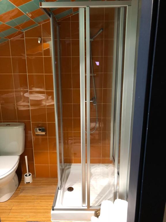 アビレスにあるApartamento en Galianaのバスルーム(ガラス張りのシャワー、トイレ付)