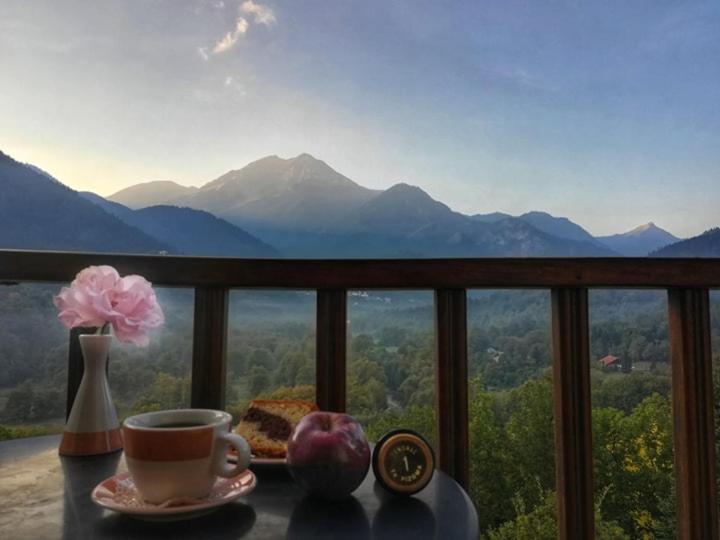 una mesa con una taza de café en un balcón con vistas en Rizoma Guesthouse, en Mikrón Khoríon