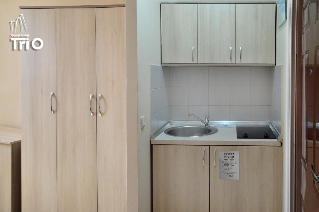Kuchyň nebo kuchyňský kout v ubytování Garni Hotel Tri O