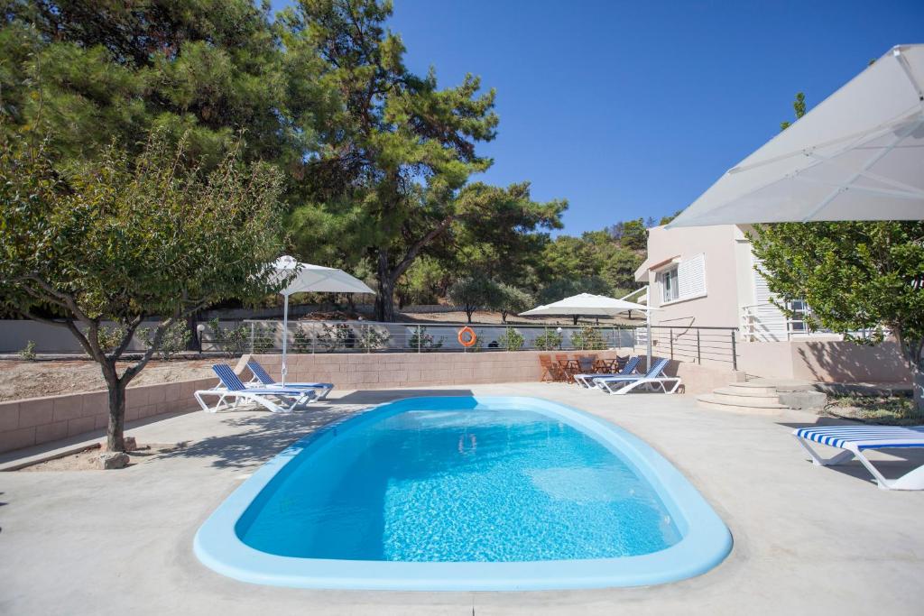 テオロゴスにあるThe Olive Grove Villa Private Pool with star links WiFiの庭園内のスイミングプール(椅子2脚、パラソル付)
