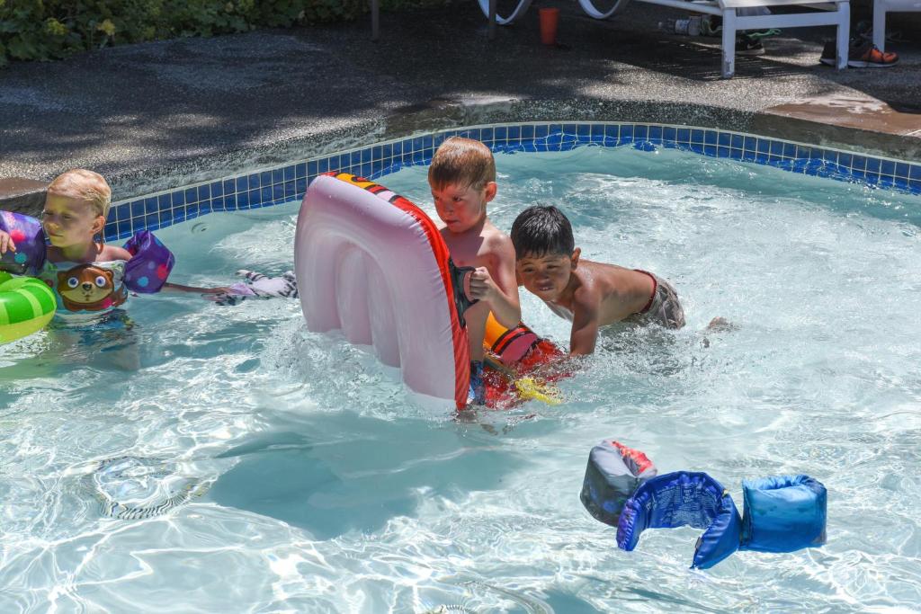 drie jonge jongens spelen in een zwembad bij Thunderbird One-Bedroom Cabin 5 in Monroe