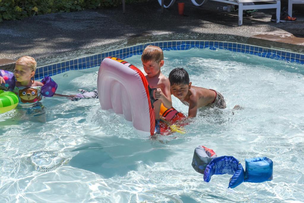 three young boys playing in a swimming pool at Thunderbird One-Bedroom Cabin 5 in Monroe