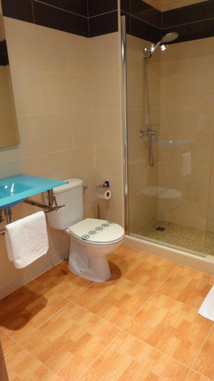 Un baño con inodoro y ducha de cristal. en Aparthotel Can Gallart, en Santa Coloma de Farners