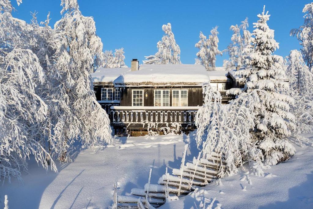 una casa cubierta de nieve con árboles nevados en Bitigrenda K en Beitostøl