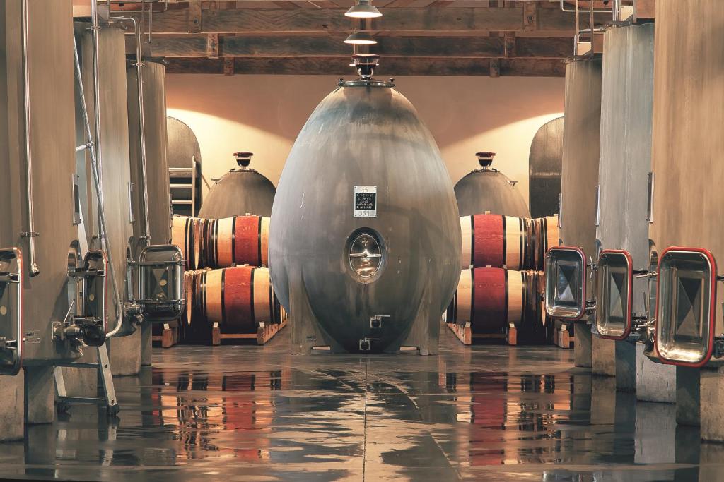 a large barrel room with a bunch of wine barrels at Château du Tertre in Arsac