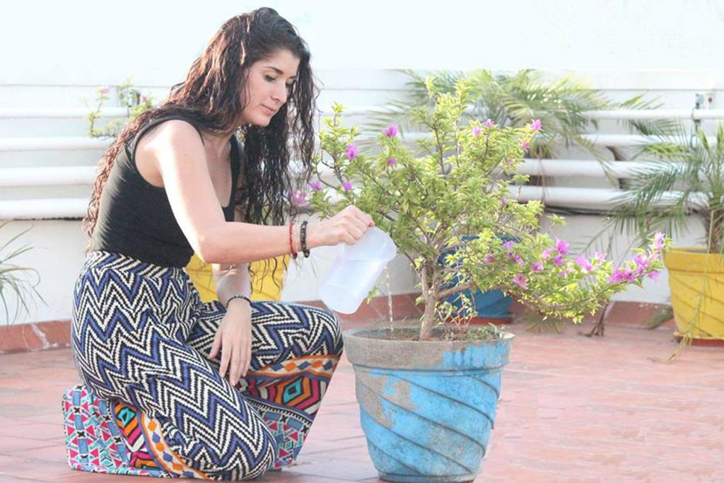 a woman is kneeling next to a potted plant at Kolam Serviced Apartments - Adyar. in Chennai