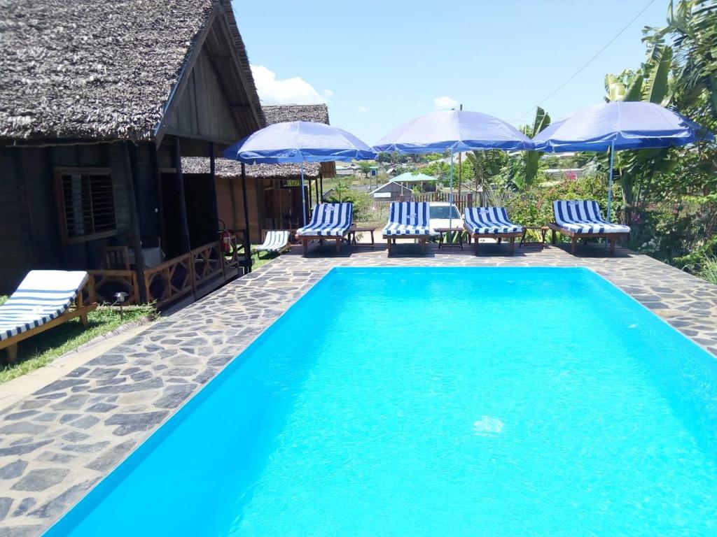 a swimming pool with blue and white chairs and umbrellas at Bungalows des tropiques in Nosy Be
