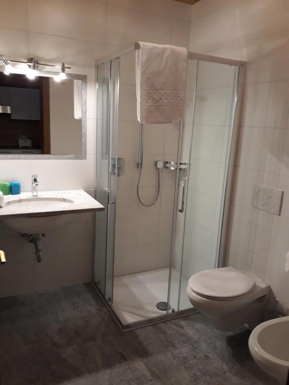 łazienka z prysznicem, toaletą i umywalką w obiekcie Alpina Residence w mieście Solda
