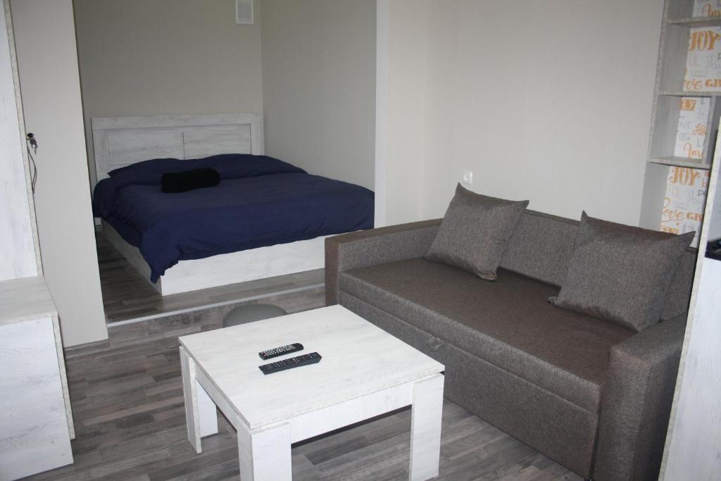 un salon avec un canapé et un lit dans l'établissement Apartment G&G, à Tbilissi