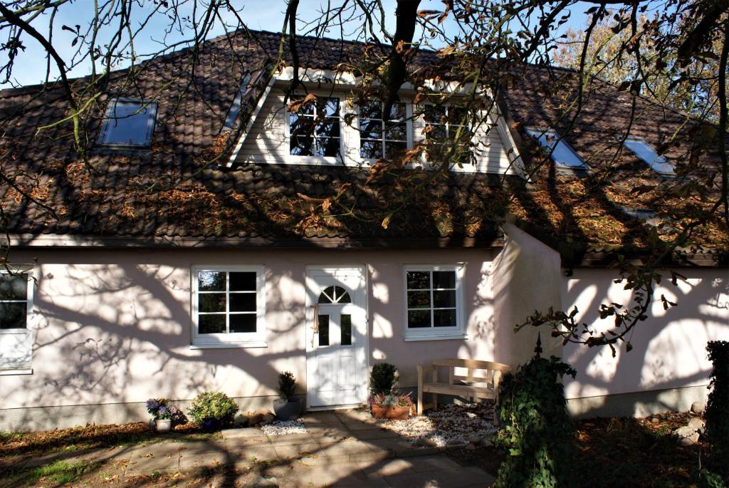 Una casa blanca con un árbol delante. en Trappenkamper Hof, Hunde gerne auf Anfrage, en Tarbek