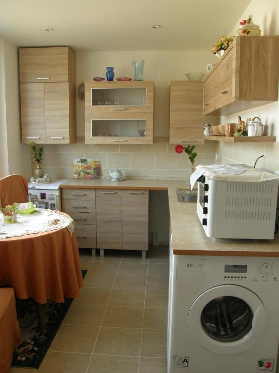 kuchnia z pralką i stołem w obiekcie Apartments Meixner w Mariańskich Łaźniach