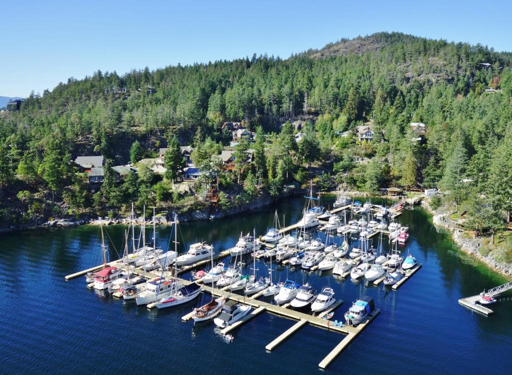 an aerial view of a marina with boats in the water at Pender Harbour Resort & Marina in Garden Bay