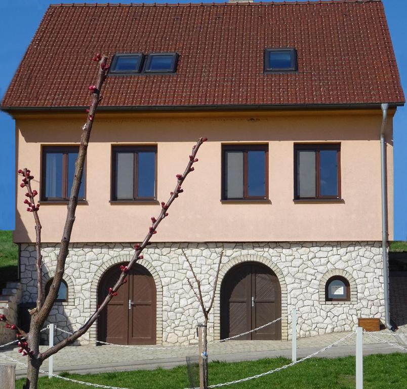 a house with brown doors and a brown roof at Apartmán Nesyt in Sedlec