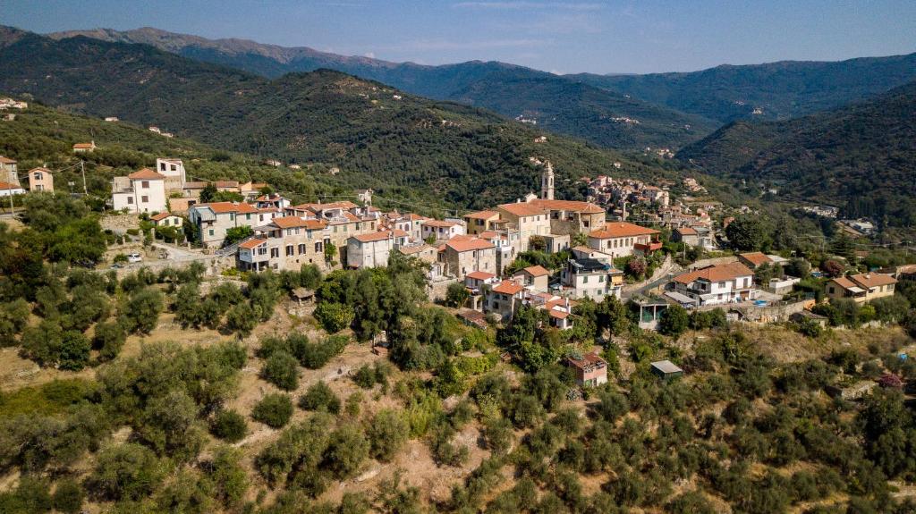 a village on a hill with mountains in the background at Old Oilmill near Dolcedo in Dolcedo