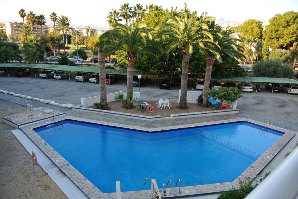 uma grande piscina azul num parque de estacionamento com palmeiras em Beach Flat Albir,Esmeralda em Albir