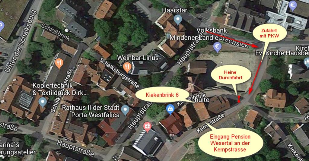 a map of a city with buildings andyards at Pension Wesertal in Porta Westfalica