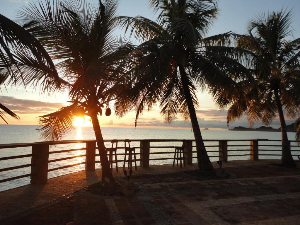 卡普迦納的住宿－Hotel Katamaran，两棵棕榈树,在围栏前,欣赏日落